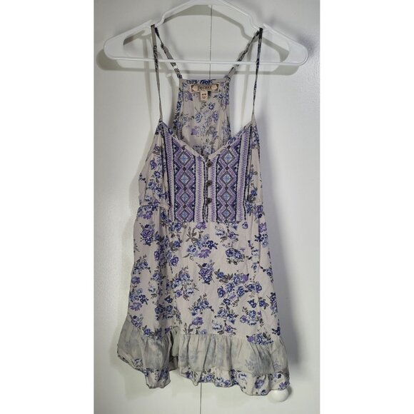 DECREE Women's SZ M Racerback Flowy Tank Ruffle Floral Boho Festival Fairy Gray - Picture 2 of 9